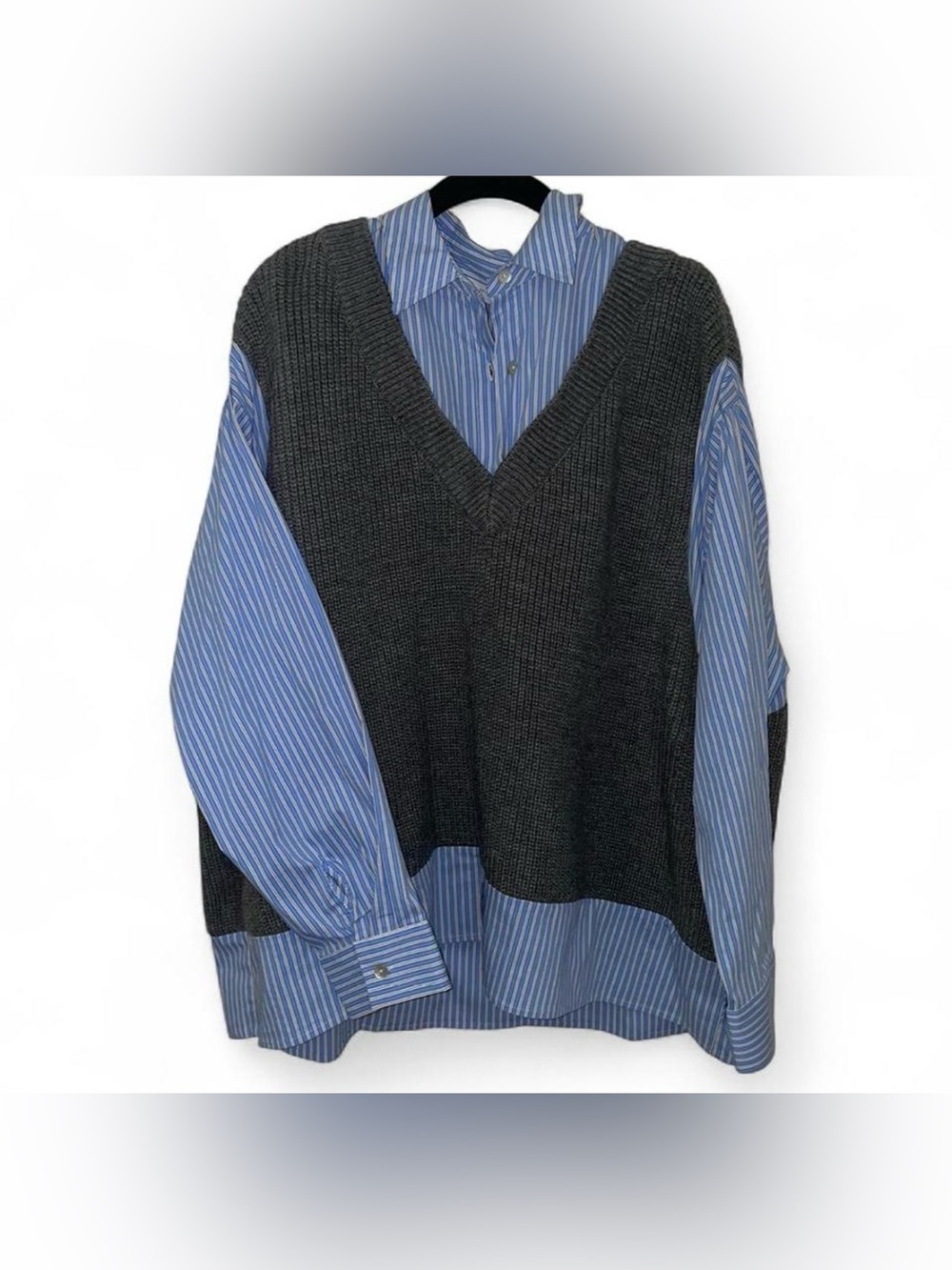 Zara Blue & grey mixed knit with Striped button Shirt attached size xs/smal NWT